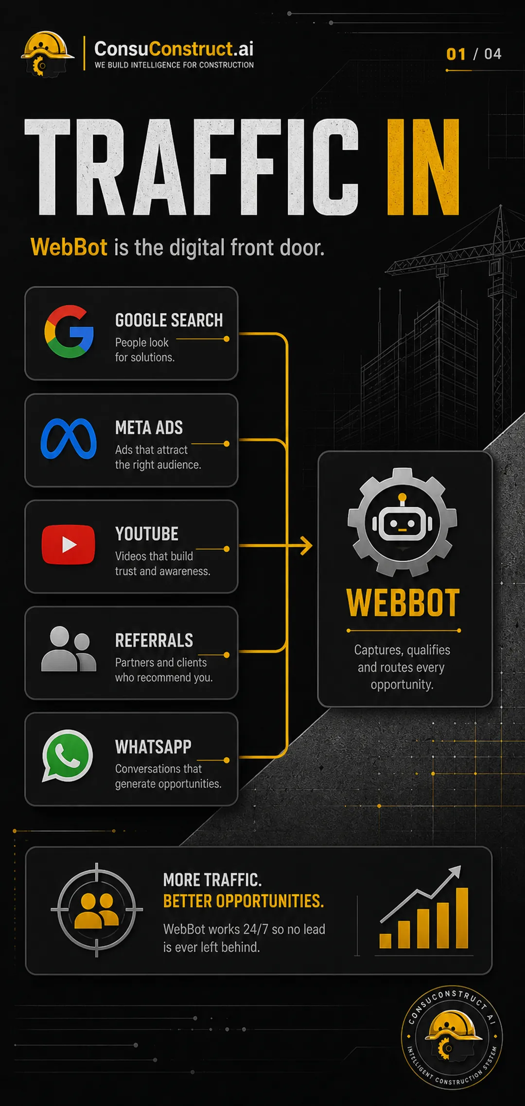 Infografía del canal de entrada de WebBot: flechas desde Google, Meta, YouTube, referidos y WhatsApp convergiendo hacia el sitio de ConsuConstruct como puerta de entrada.