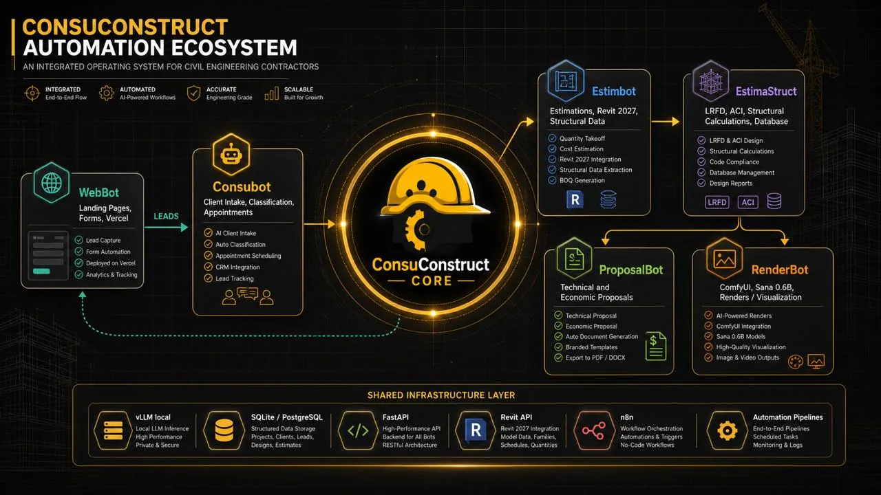 Pipeline diagram: WebBot, ConsuBot, EstimBot, EstimaStruct, ProposalBot, RenderBot and shared infrastructure